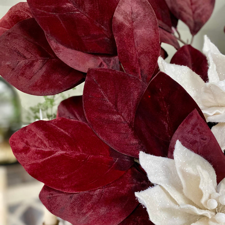 Set/4 Burgundy Velvet Magnolia Leaf Sprays