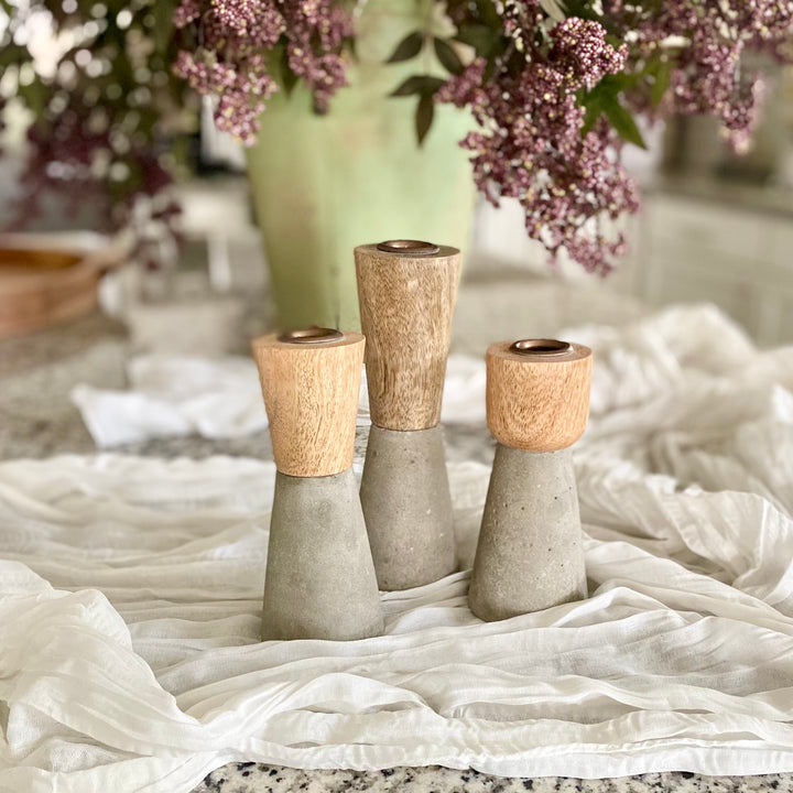 Set/3 Mango Wood & Cement Candle Holders