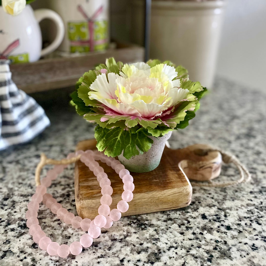 A artificial pink potted cabbage plant on a kitchen counter with a decorative pink and green ombre pot.