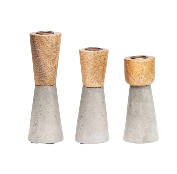 Set/3 Mango Wood & Cement Candle Holders