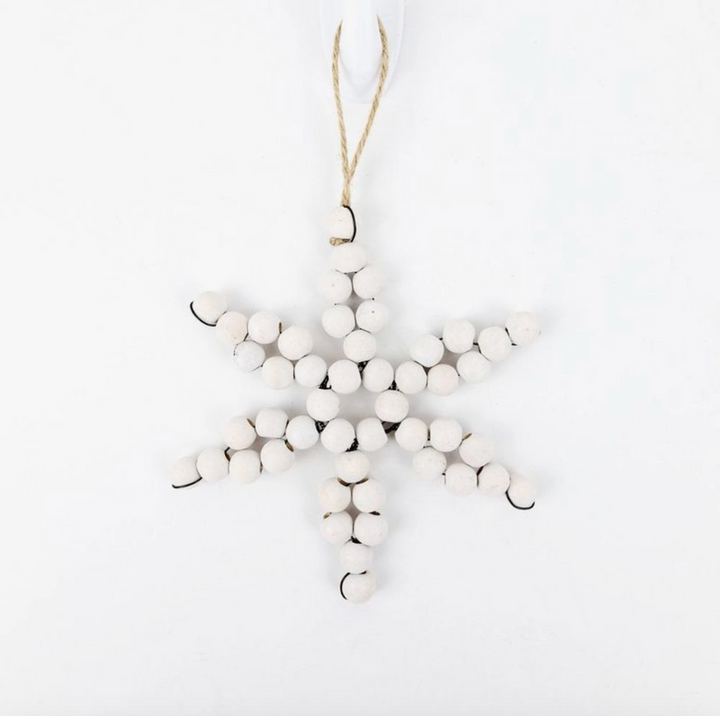 White Wooden Beaded Snowflake Ornament