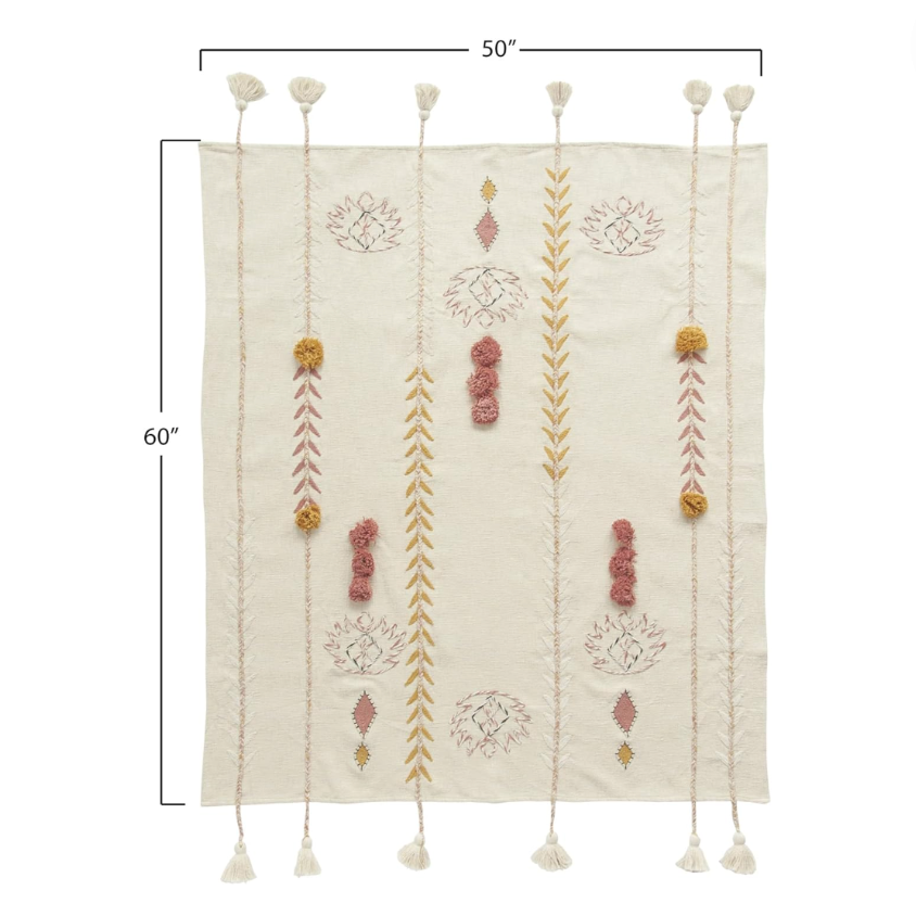 Embroidered Cream Cotton Throw Blanket with Tassels & Applique