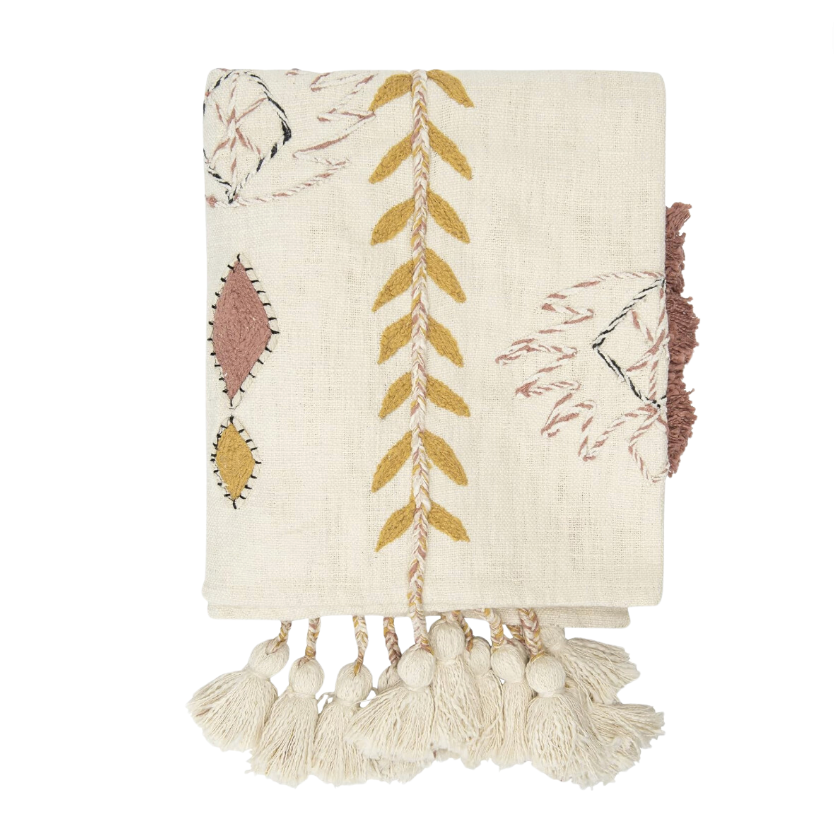 Embroidered Cream Cotton Throw Blanket with Tassels & Applique