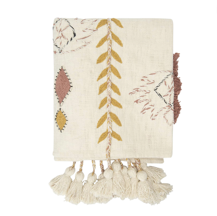 Embroidered Cream Cotton Throw Blanket with Tassels & Applique
