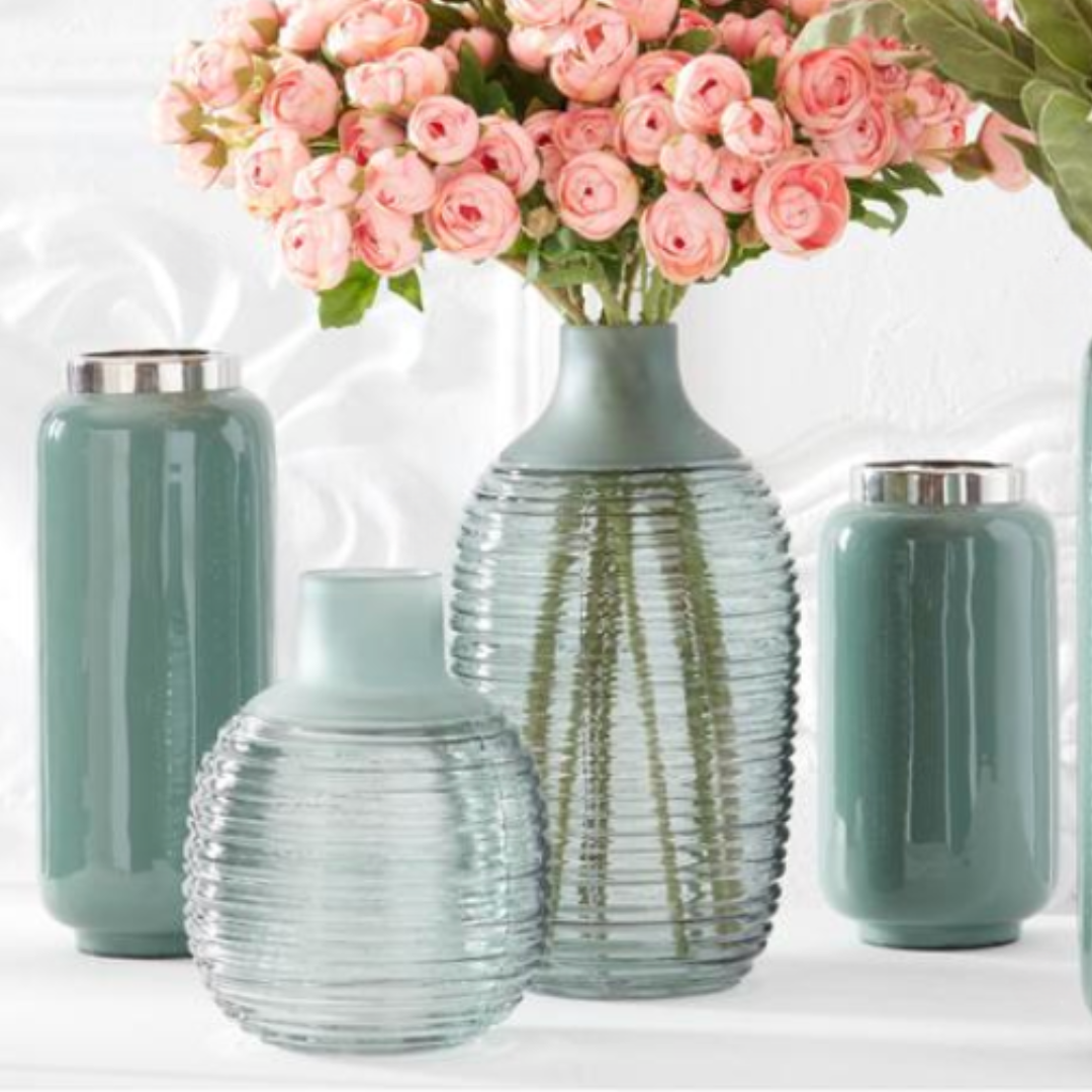 Set/2 Frosted Sage Green Ribbed Bottleneck Vases
