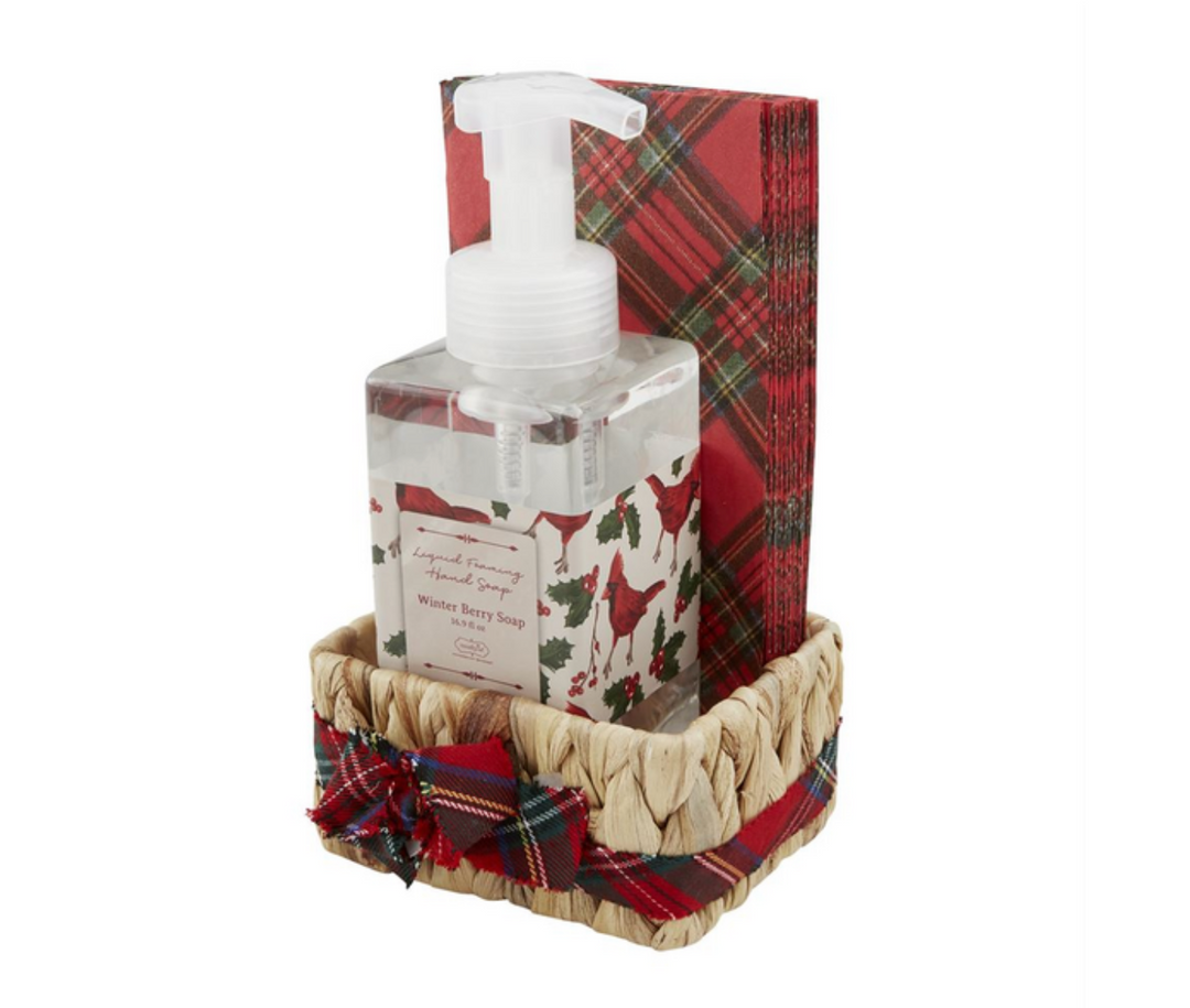 Tartan Soap & Guest Towel Basket Set with red and green plaid design, each containing a liquid hand soap in a basket with a 'Merry Christmas' message on the packaging.