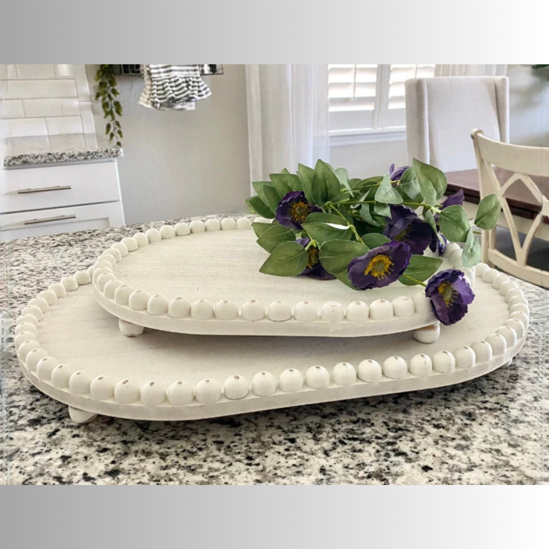 Round Whitewash Wood Scallop Rim Serving Tray