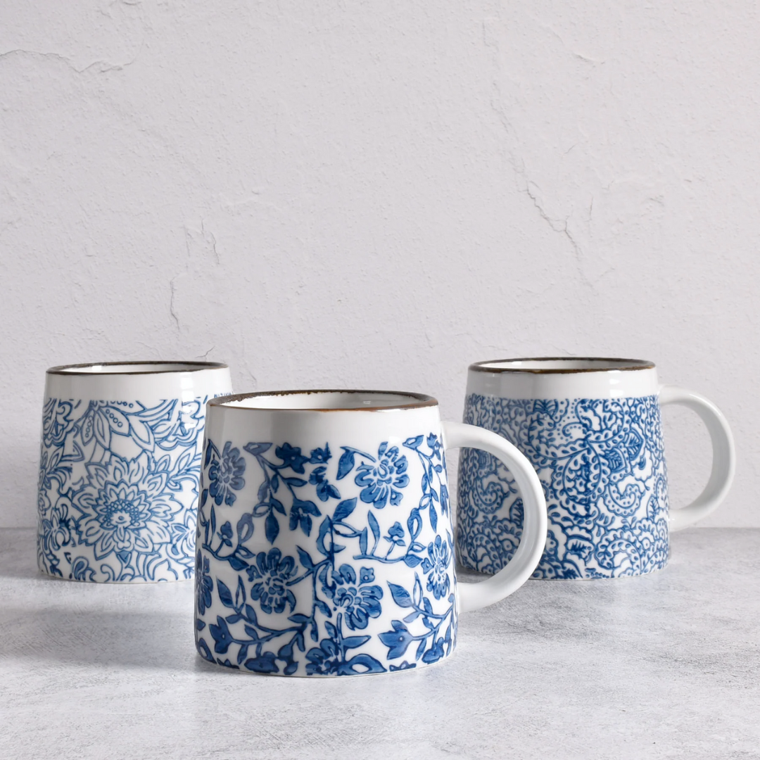 Blue Floral Hand Stamped Mugs