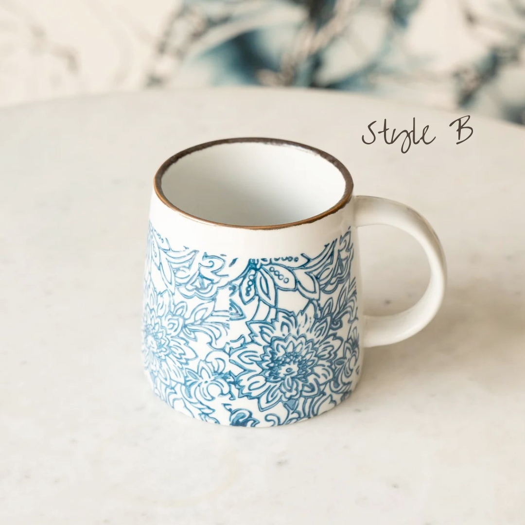 Blue Floral Hand Stamped Mugs