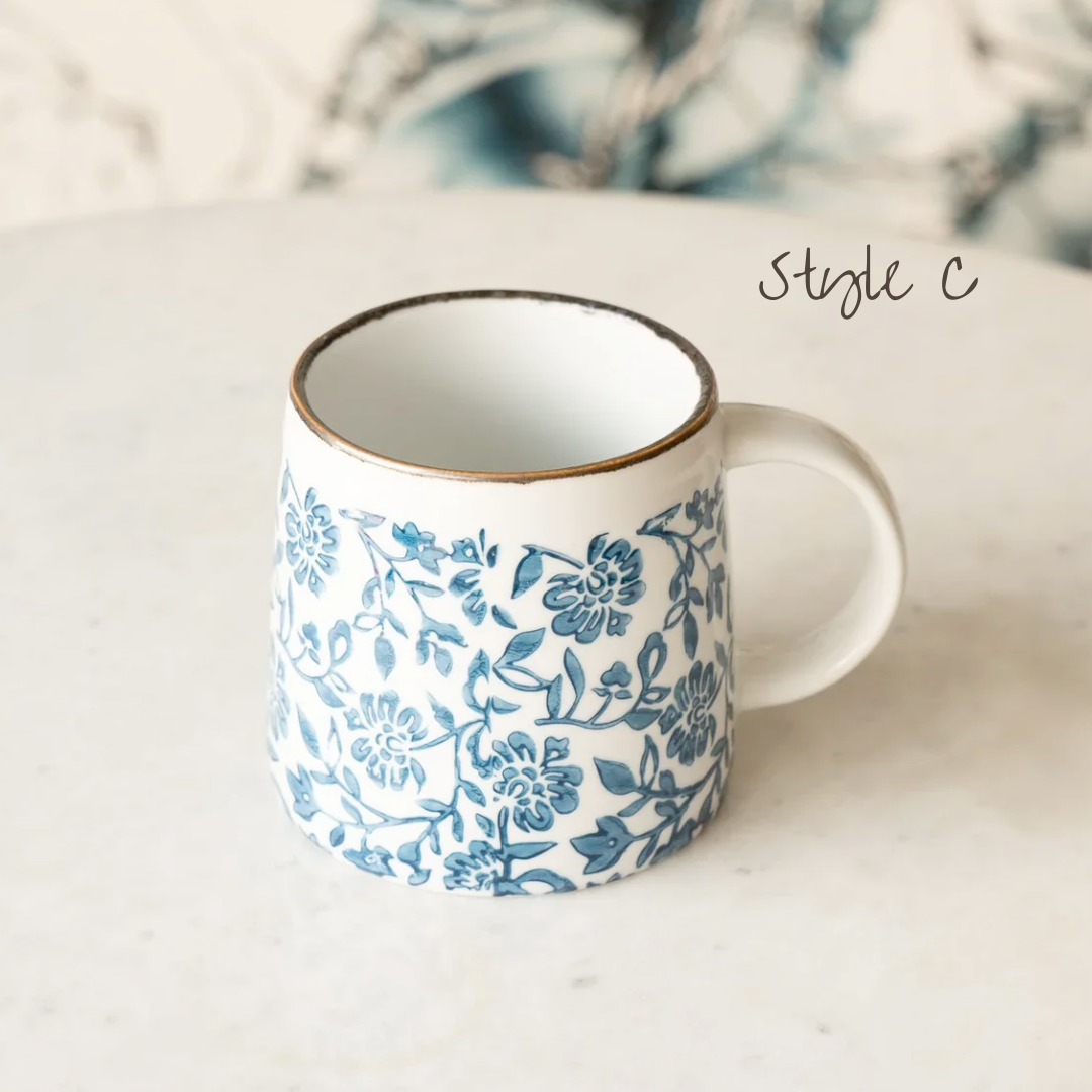 Blue Floral Hand Stamped Mugs