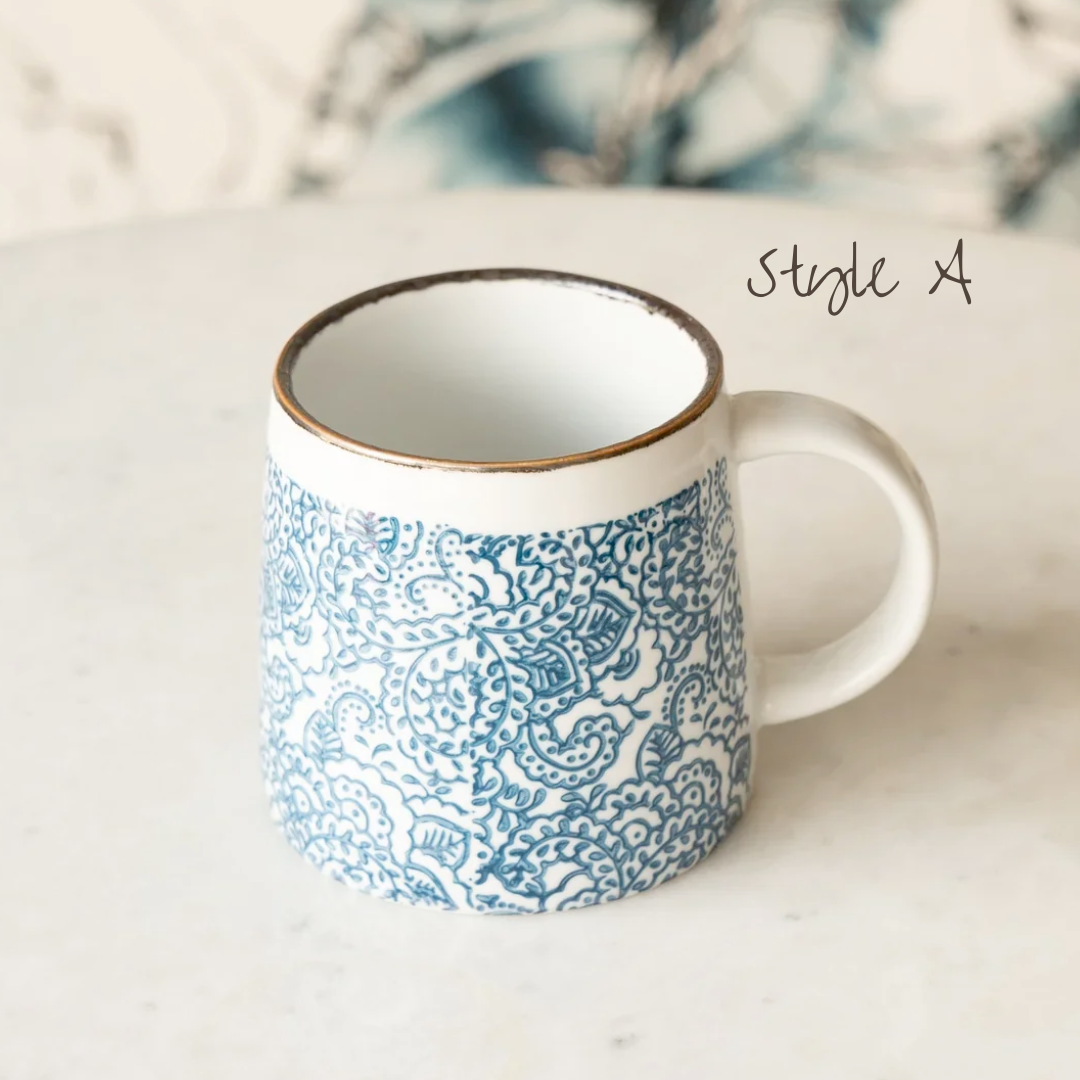 Blue Floral Hand Stamped Mugs