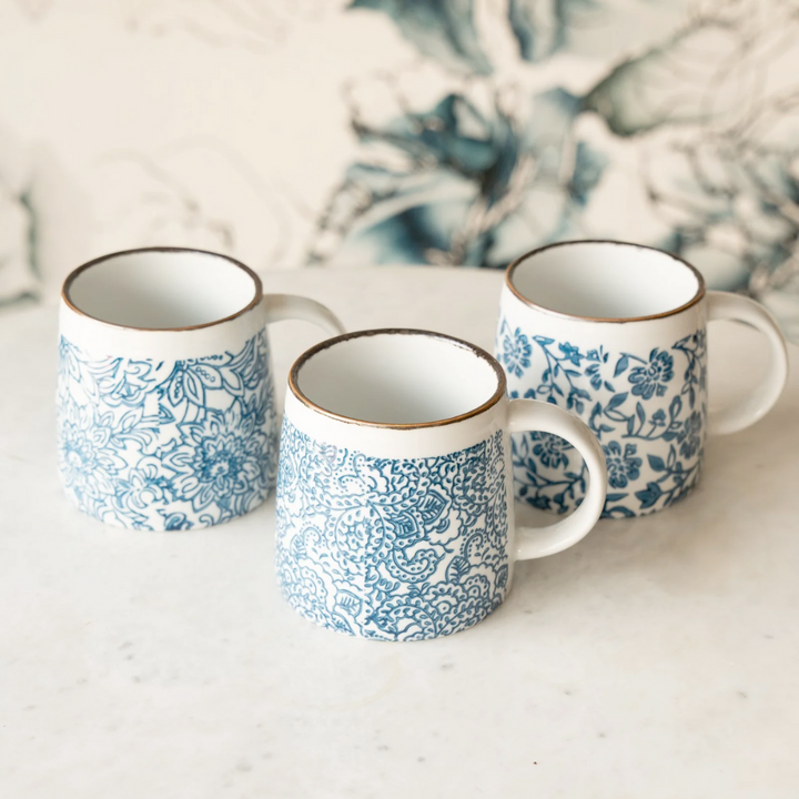 Blue Floral Hand Stamped Mugs