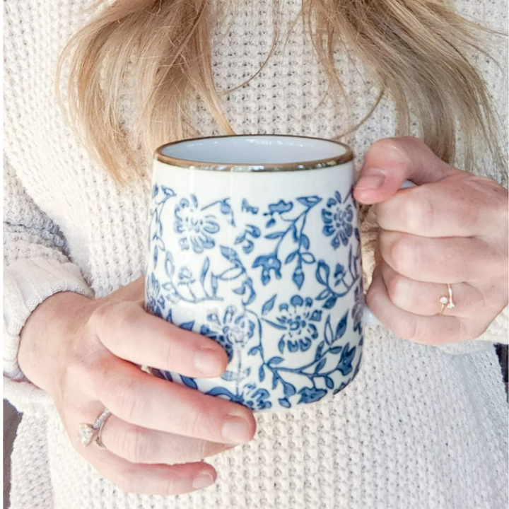 Blue Floral Hand Stamped Mugs
