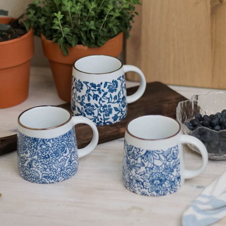 Blue Floral Hand Stamped Mugs