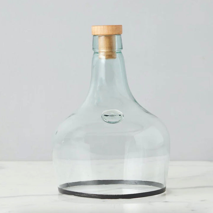 A clear glass cloche with a black rim and a wood cork lid, standing upright on a flat surface.