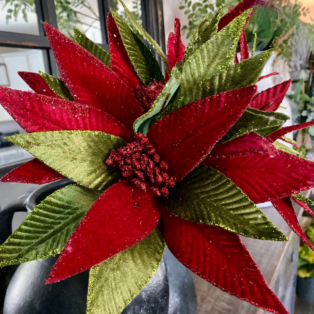 Set/3 Velvet Glitter Trimmed Poinsettia Stems