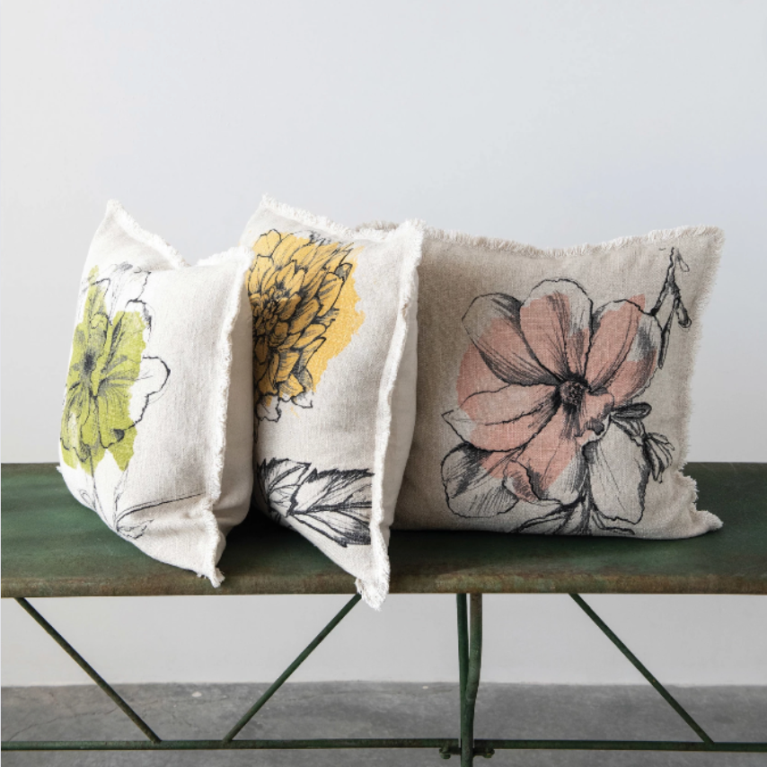 Set/3 Linen Blend Floral Printed Pillows
