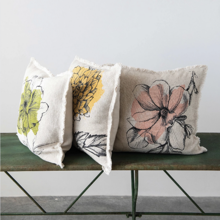 Set/3 Linen Blend Floral Printed Pillows