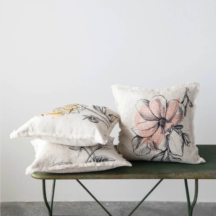 Set/3 Linen Blend Floral Printed Pillows