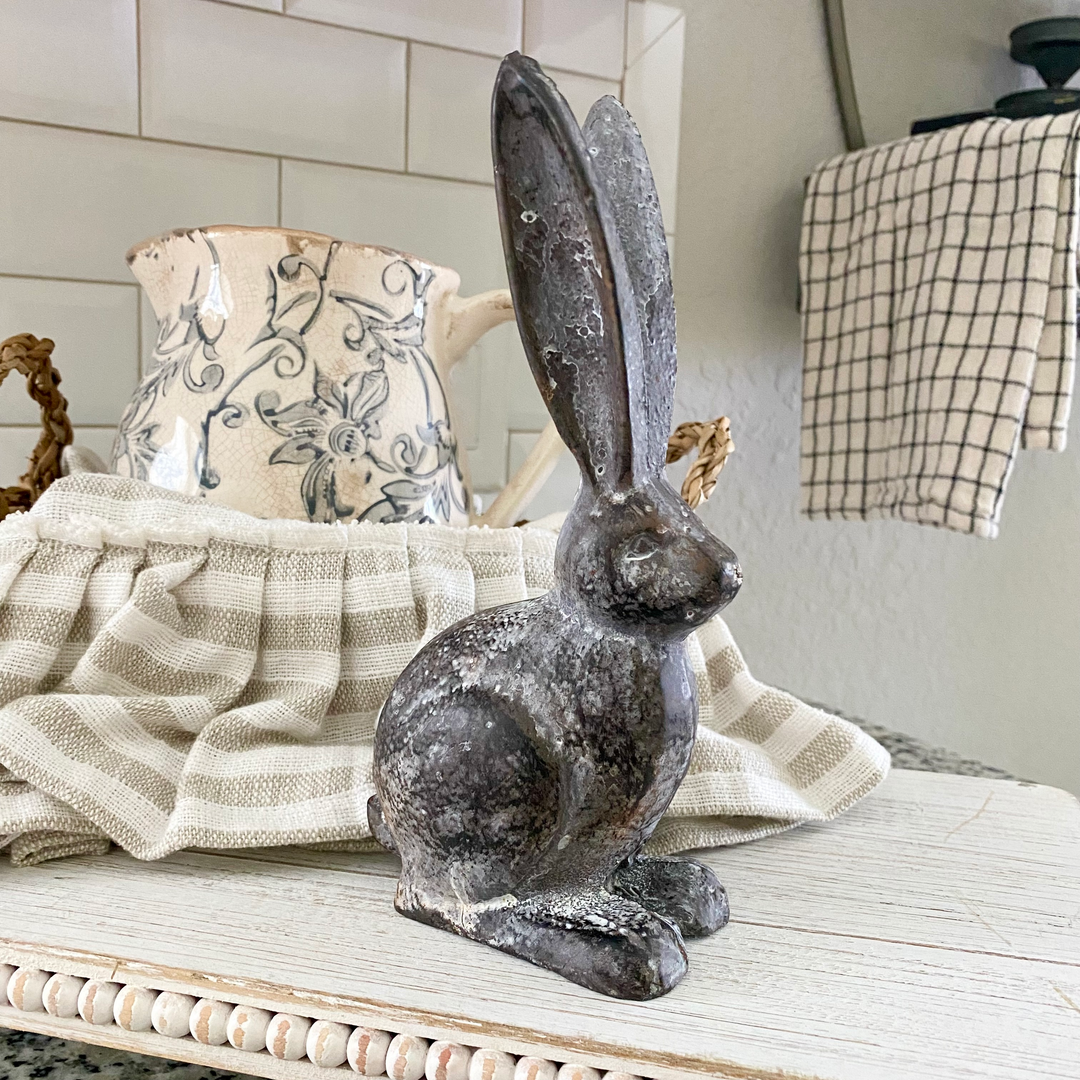 cast iron long eared brown rabbit figurine