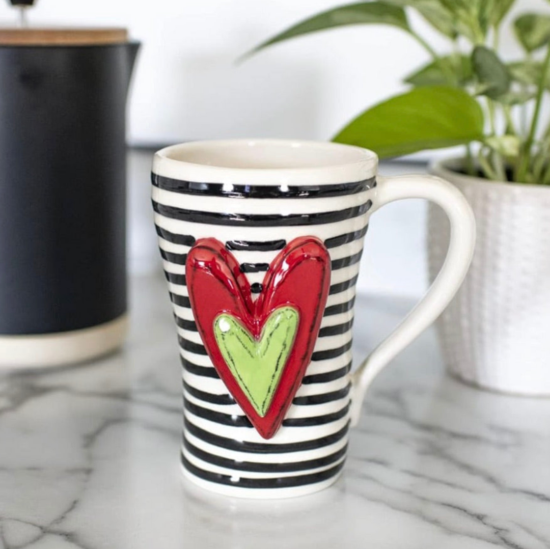 black pitcher with embossed red heart
