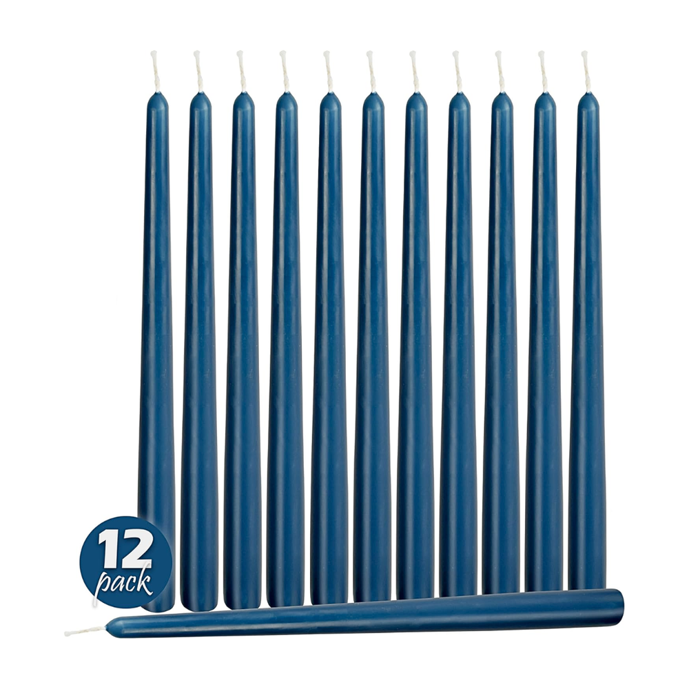 Set of 12 blue candles on a white background with a '12 pack' label.