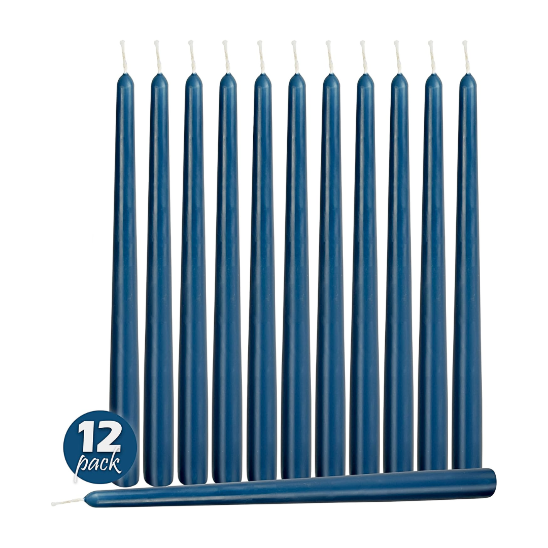 Set of 12 blue candles on a white background with a '12 pack' label.