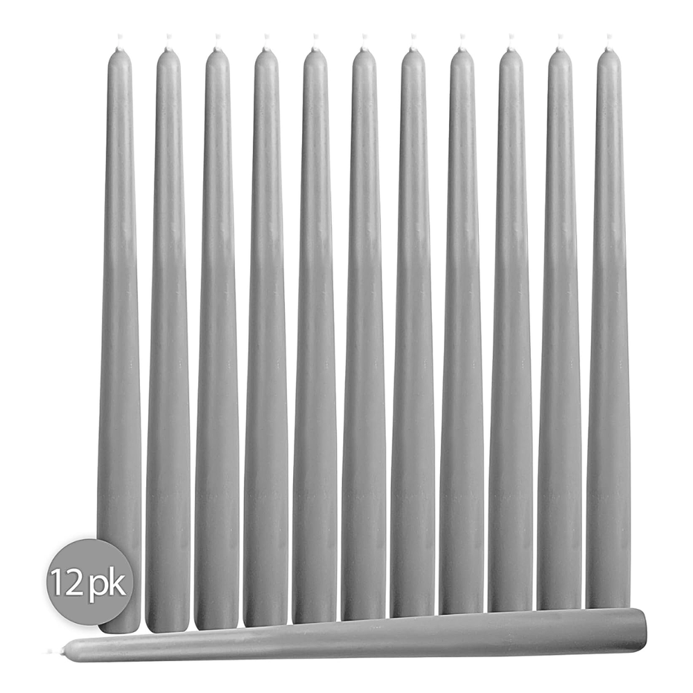 Set of 12 gray candles with a '12pk' label on a white background