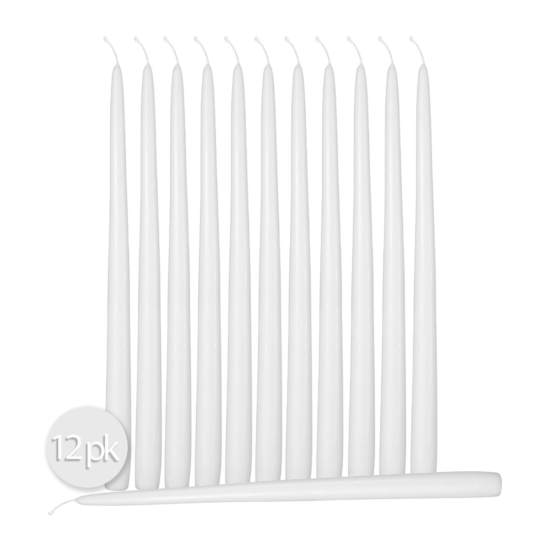 Set of white candles with a '12pk' label on a white background