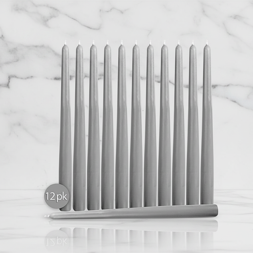 Set of 12 gray candles with a '12pk' label on a white background