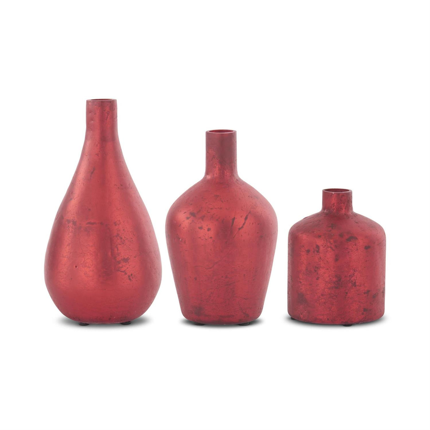Set/3 Antique Red Matte Glass Bottle Vases