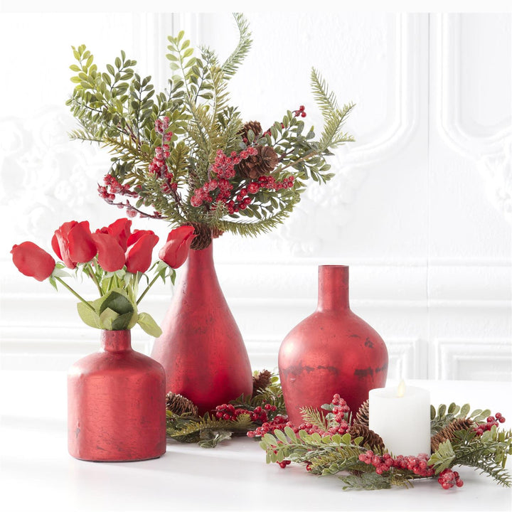 Set/3 Antique Red Matte Glass Bottle Vases