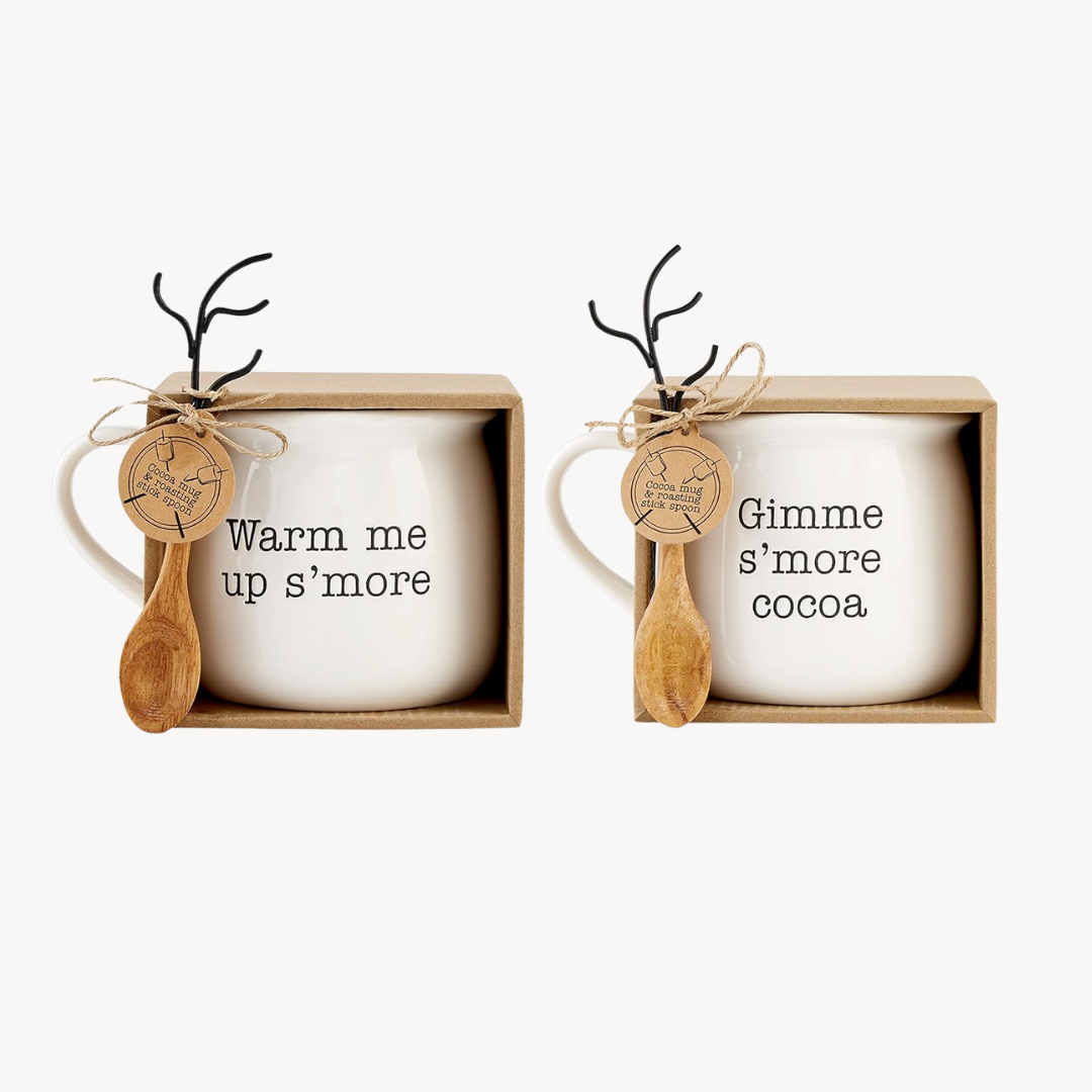 Two mugs with wooden spoons in matching boxes, featuring text on a white background.