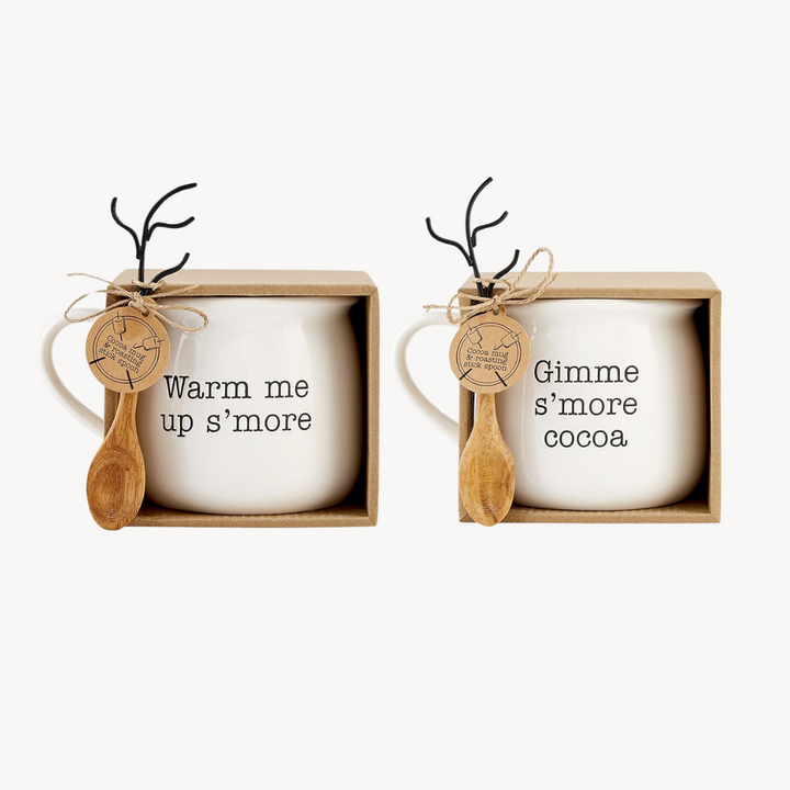 Two mugs with wooden spoons in matching boxes, featuring text on a white background.