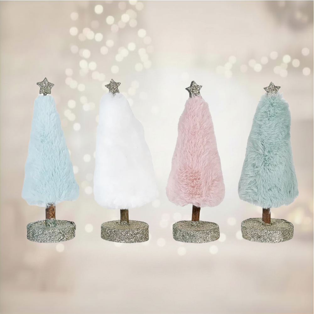 Four decorative faux fur trees with fur-like texture and glittery bases on a blurred bokeh background.
