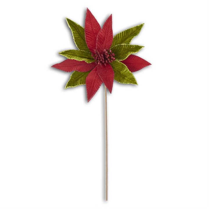 Set/3 Velvet Glitter Trimmed Poinsettia Stems