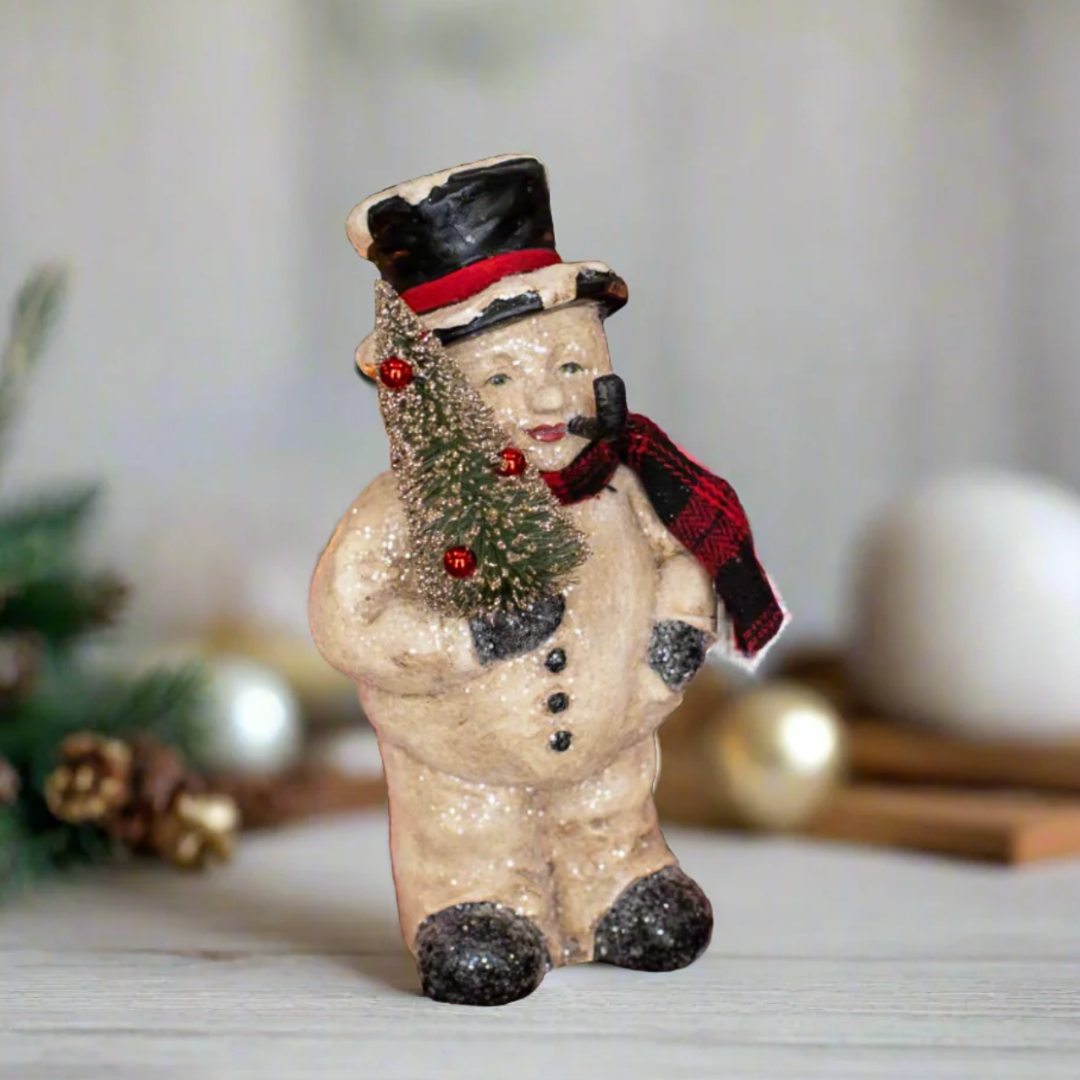 Decorative snowman figurine with a top hat and scarf on a neutral background