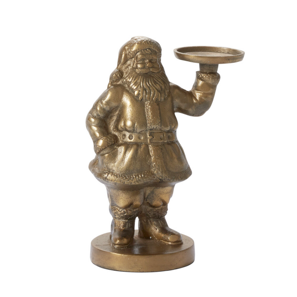 Bronze statue of a Santa Claus figure with a candle holder on a white background