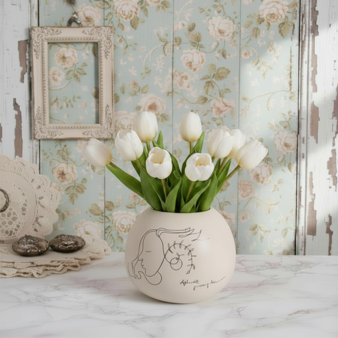 White tulips in a decorative vase against a floral wallpapered wall.