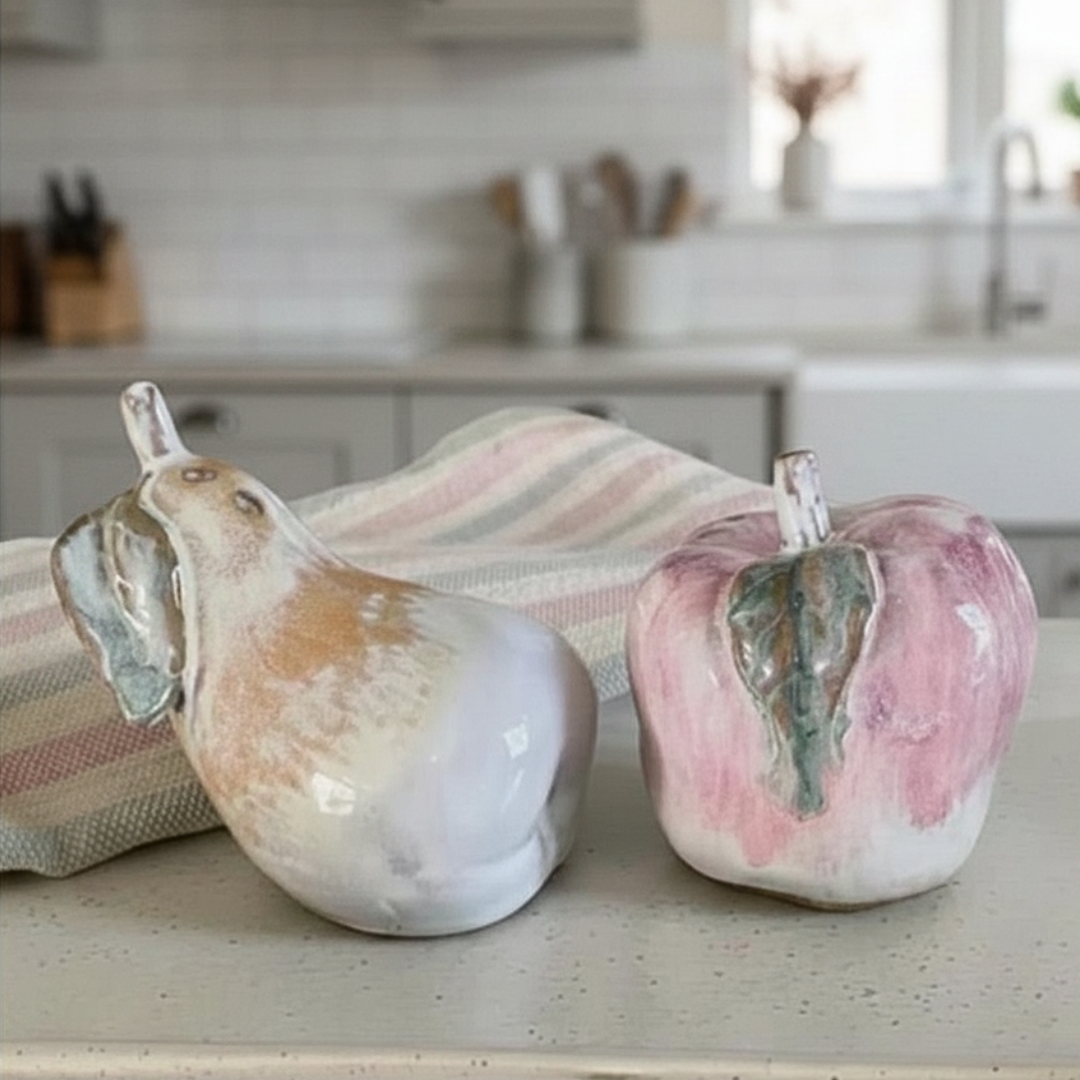 Stoneware apple and pear salt and pepper shakers set on a kitchen counter