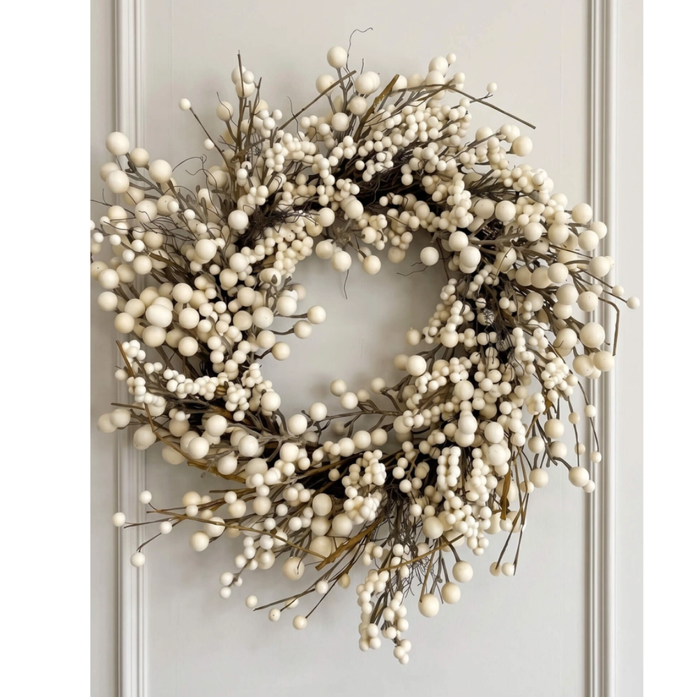 Close-up of a Faux Cream Ivory Berry Christmas Wreath against a plain white background.
