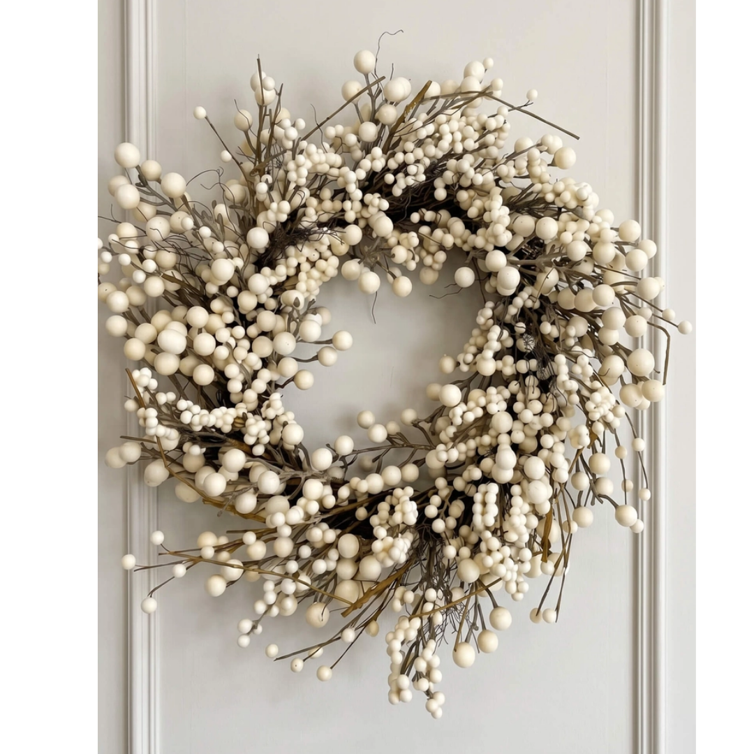 Close-up of a Faux Cream Ivory Berry Christmas Wreath against a plain white background.
