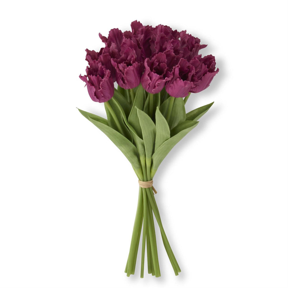 A bundle of faux purple parrot tulips tied with raffia, displayed in a clear vase.