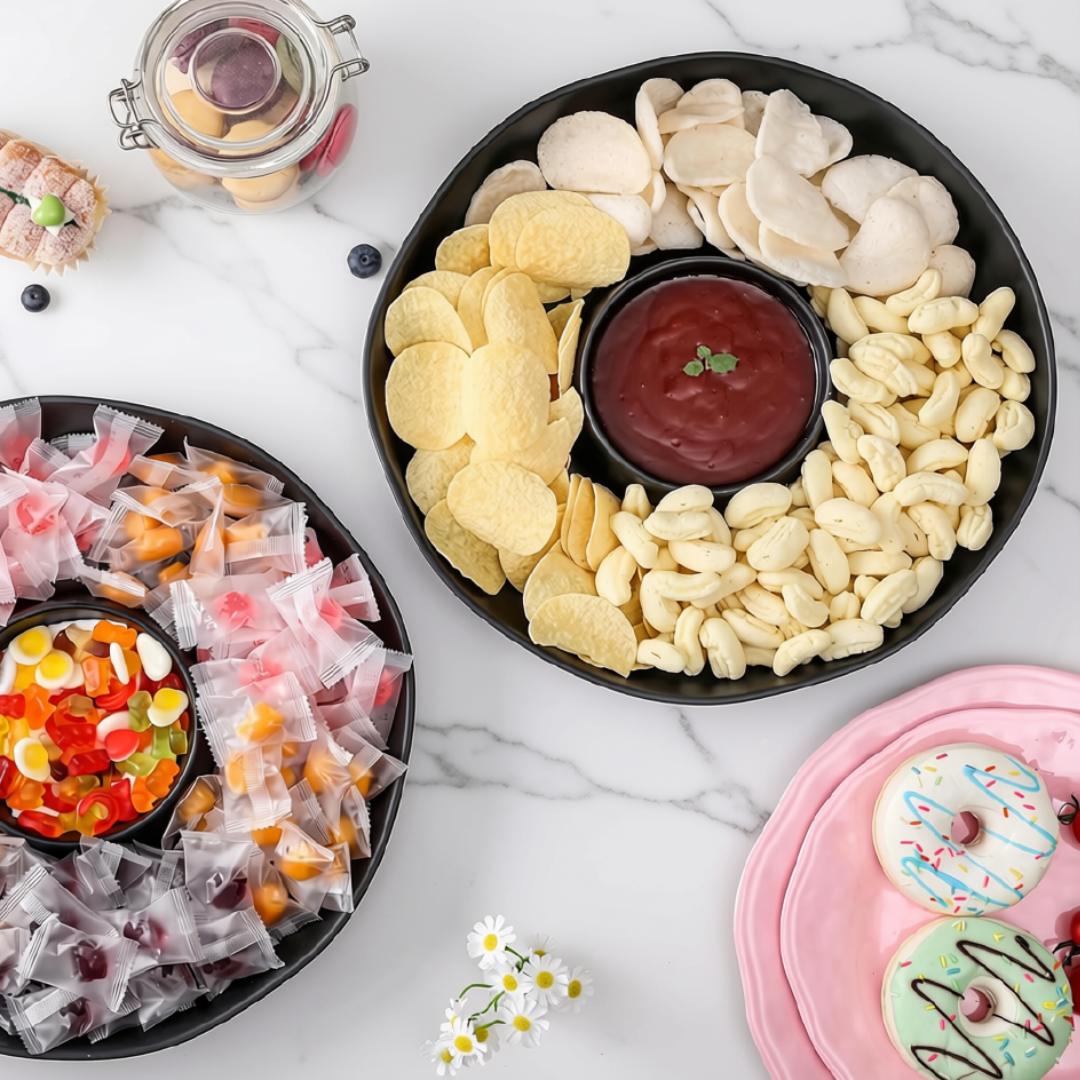 A styled flat-lay of a party snack spread on a white marble surface. Two black round chip and dip serving platters hold assorted snacks: one with potato chips, peanuts, and a red dipping sauce, and another with wrapped candies and gummy bears.