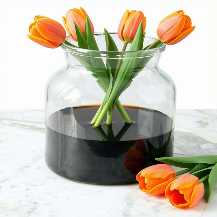 Black color block glass vase holding orange tulips with green stems, set on a white marble surface against a white background.