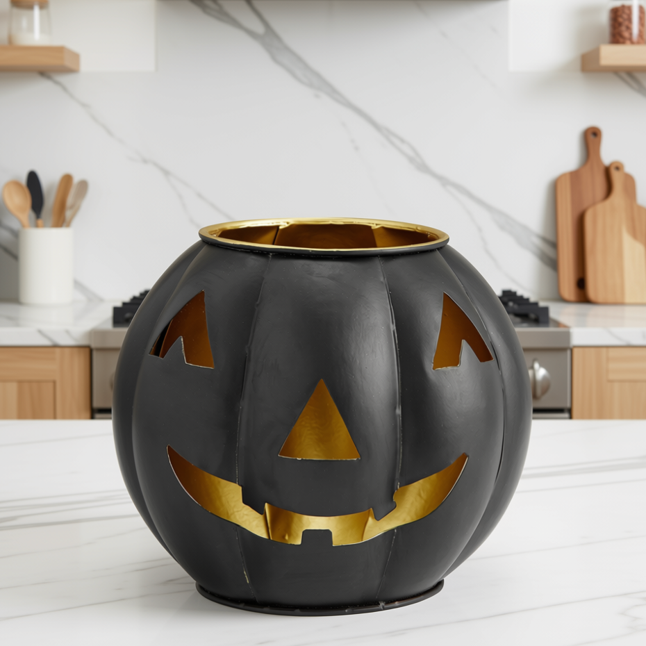 A black pumpkin-shaped decorative container with gold interior lining and cutout facial features, placed on a white marble kitchen countertop with a blurred kitchen background.