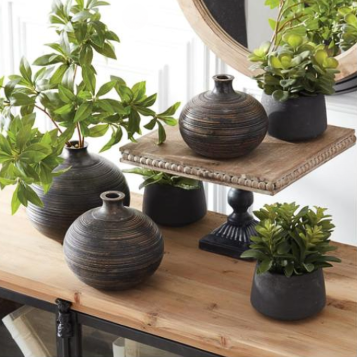 Decorative vases and plants on a wooden surface with a mirror in the background