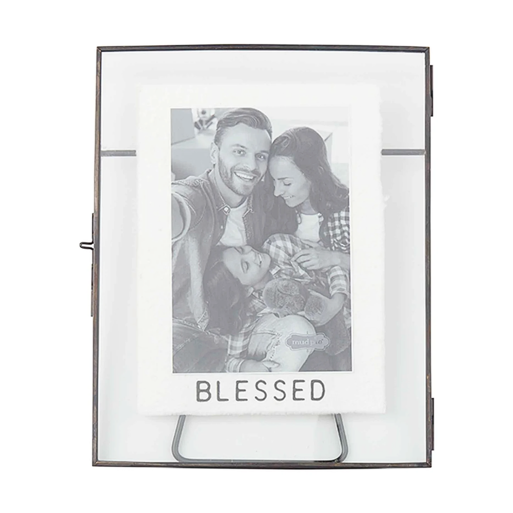 Family photo in a frame with 'Blessed' text on a white background.