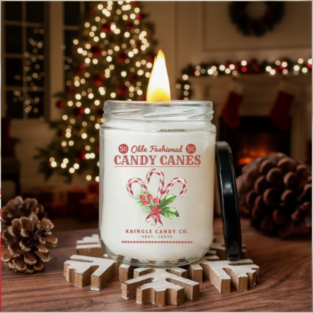 A blueberry candy cane scented candle with a label that reads 'Old Fashioned Candy Canes' placed in a glass jar with a black lid, surrounded by pine cones and decorative items.