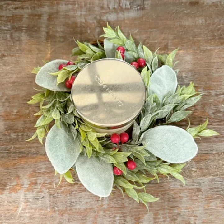 Christmas Candle Ring / Mini Wreath green leaves and red berries on a wooden surface